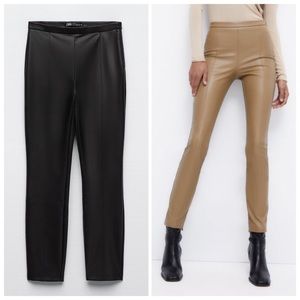 ZARA NWT Faux Leather High Rise Split Hem Leggings Black Sz Small